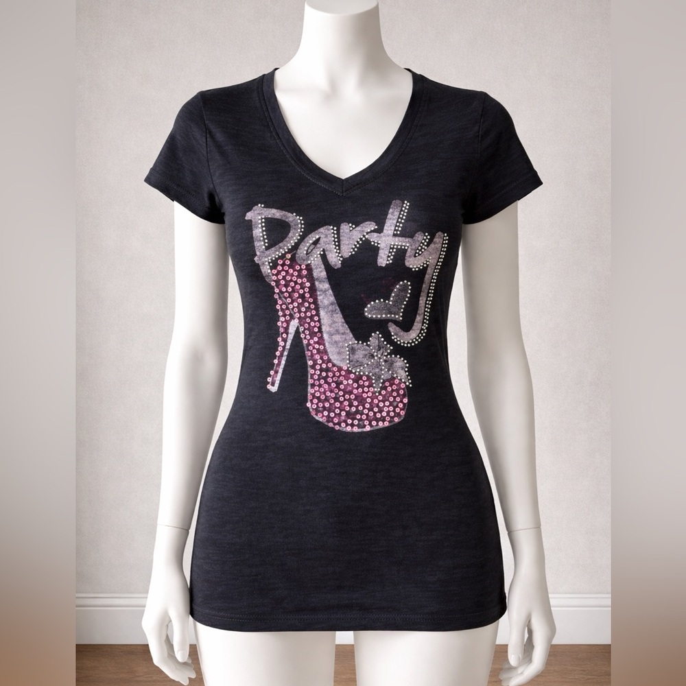 Black 'Party' Graphic Tee with Pink Sequin Heel